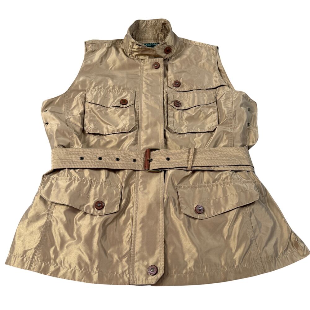 Lauren Ralph Lauren Utility Vest Women L Tan Belted Safari Cargo Sleeveless - Picture 2 of 16